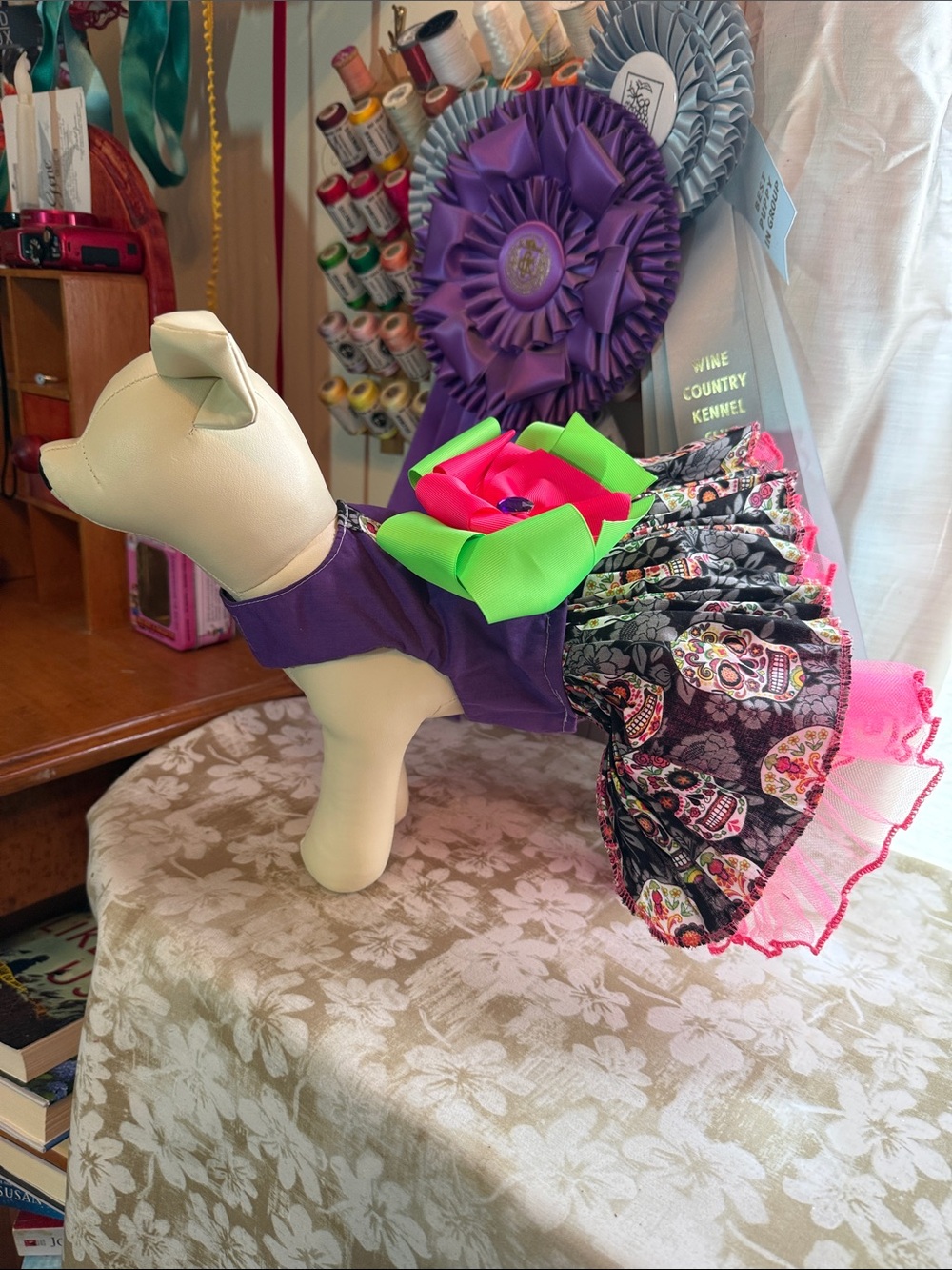Handmade Purple top with attached black sugar skirt dog dress